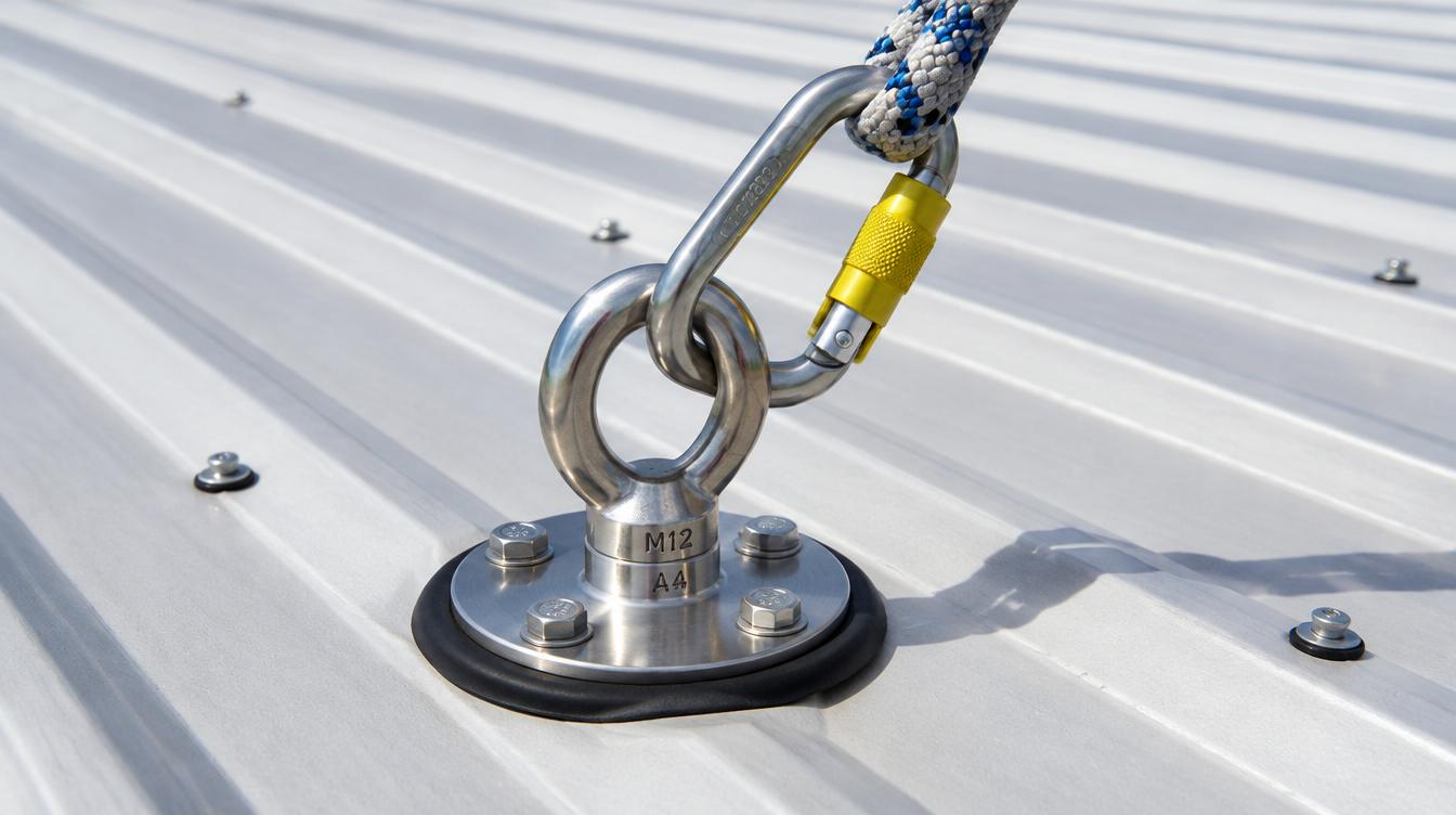 Stainless steel roof anchor eyebolt with a karabiner and rope attached